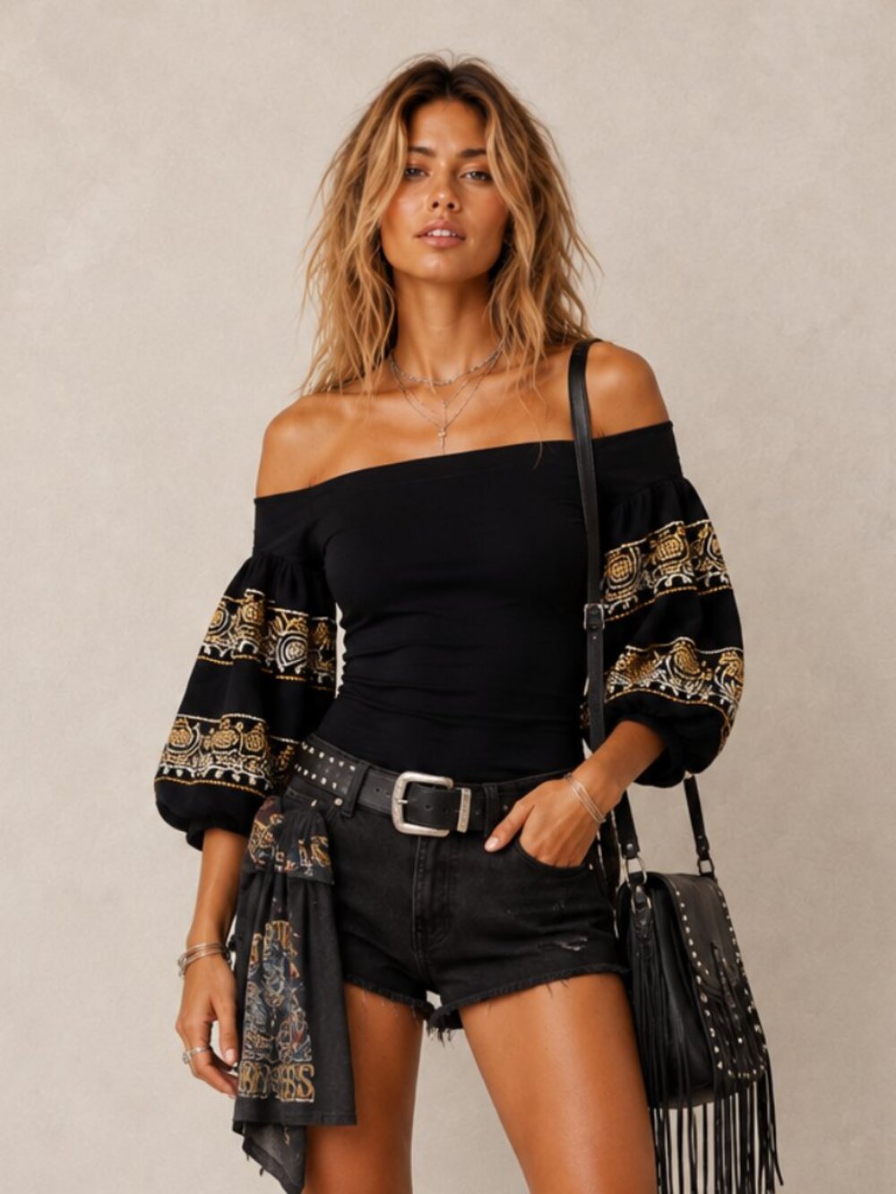 FREE PEOPLE Rock With It Embroidered Off-the-Shoulder Top - BLACK